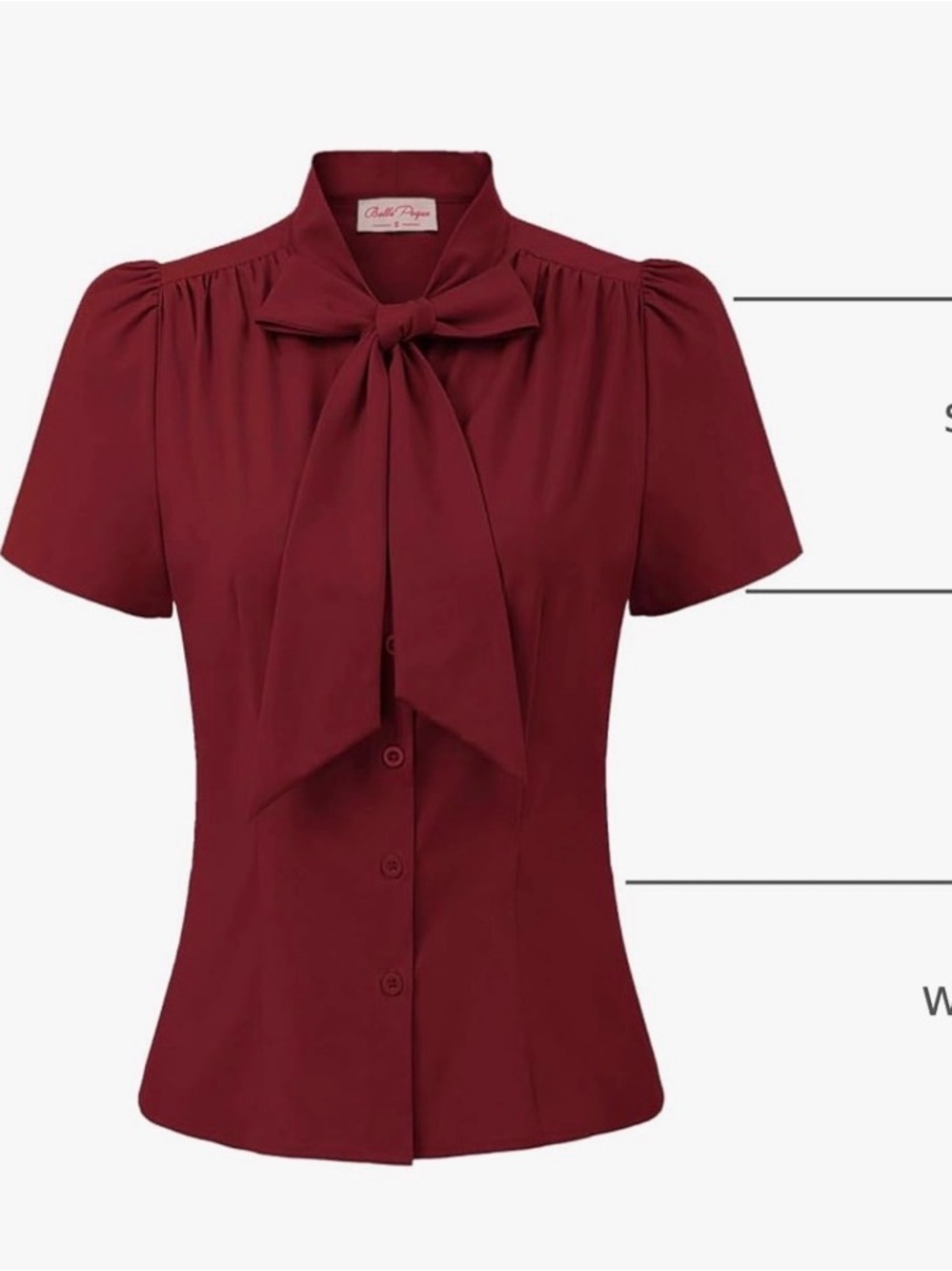 Belle Poque L Bow Wine Red Vintage Style Button-Front Short Sleeve Blouse